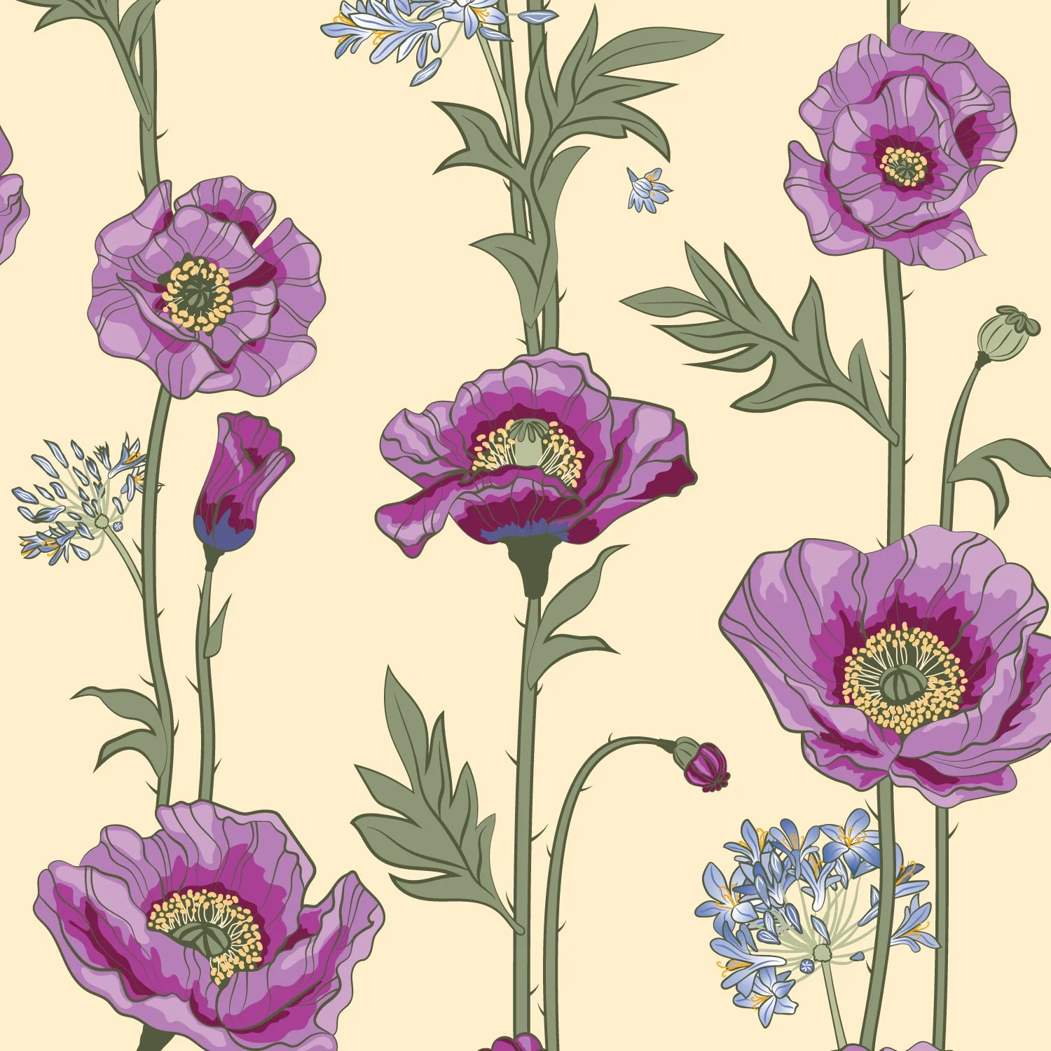 Hand-drawn poppy floral textile pattern with purple blooms on  cream background, Southern Botanicals by SeaClaire Design