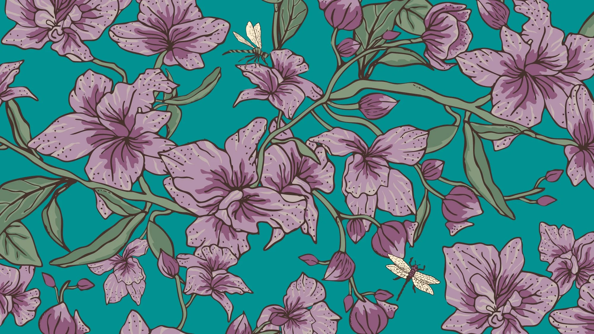 Hand drawn purple orchid flowers on a teal ground. Southern Botanical floral textile pattern by SeaClaire Design