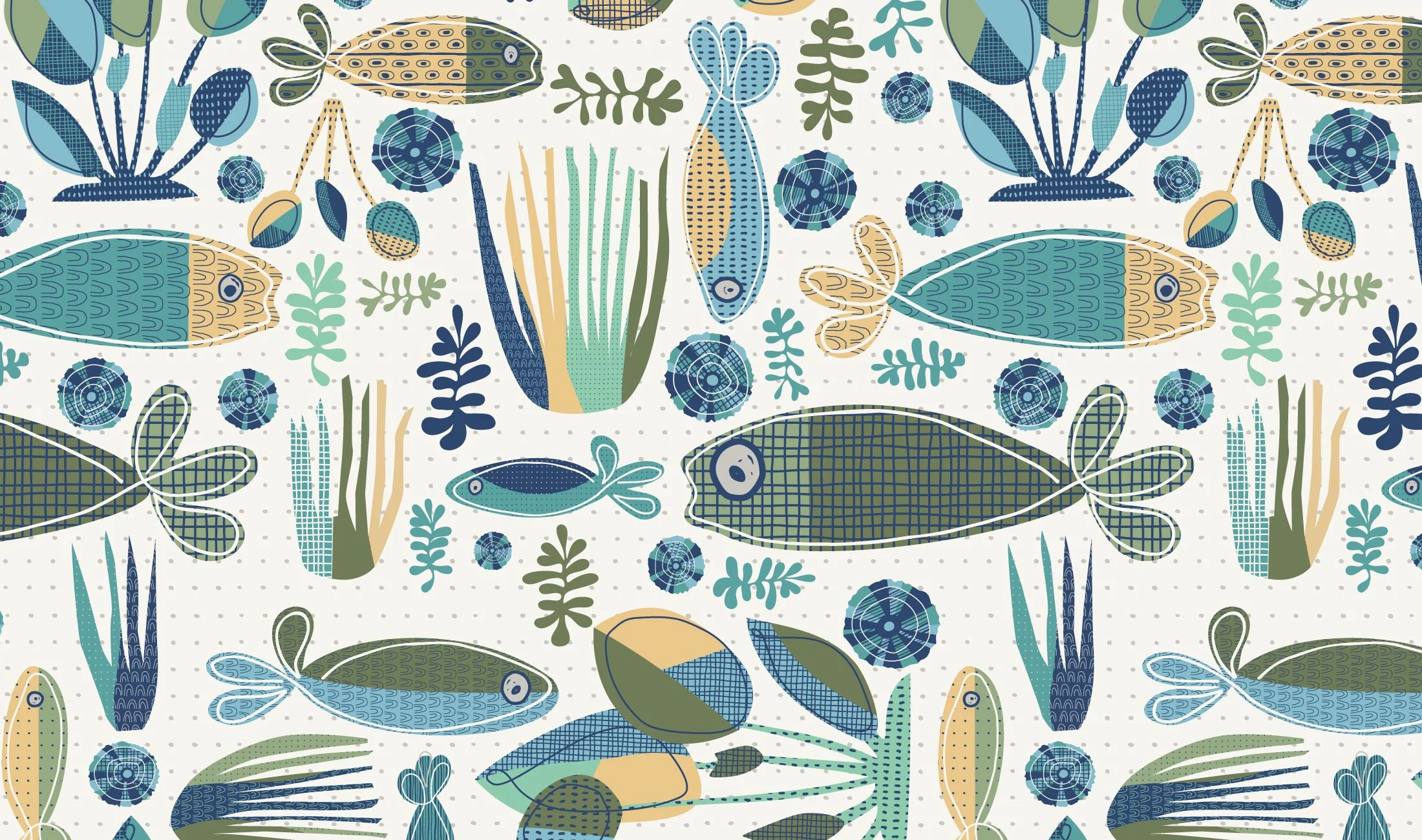Hand-drawn midcentury-inspired textile pattern with stylized fish and organic forms, Midcentury Whimsy by SeaClaire Design