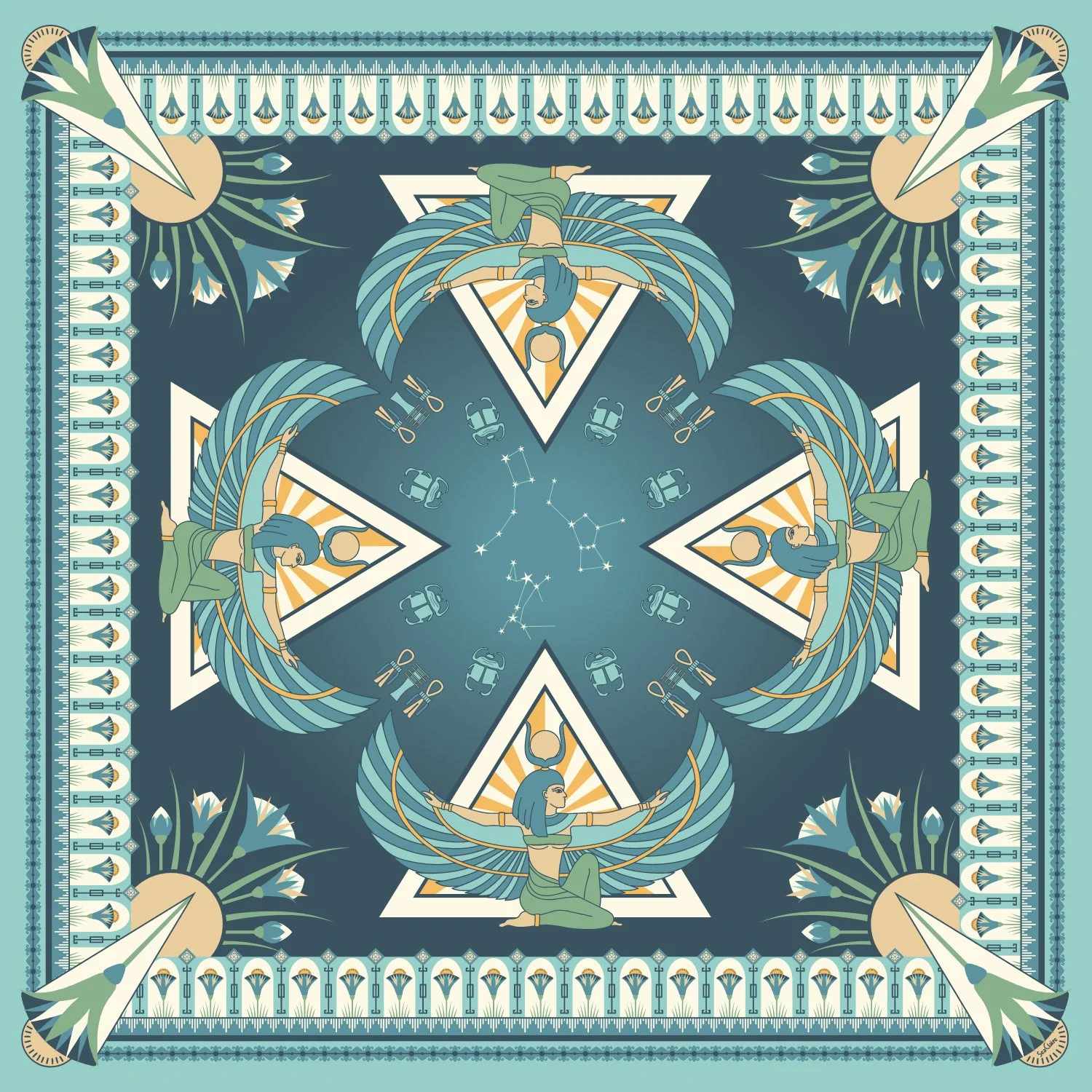 Hand-drawn symbolic textile pattern with winged form and decorative border, Cultural & Symbolic by SeaClaire Design