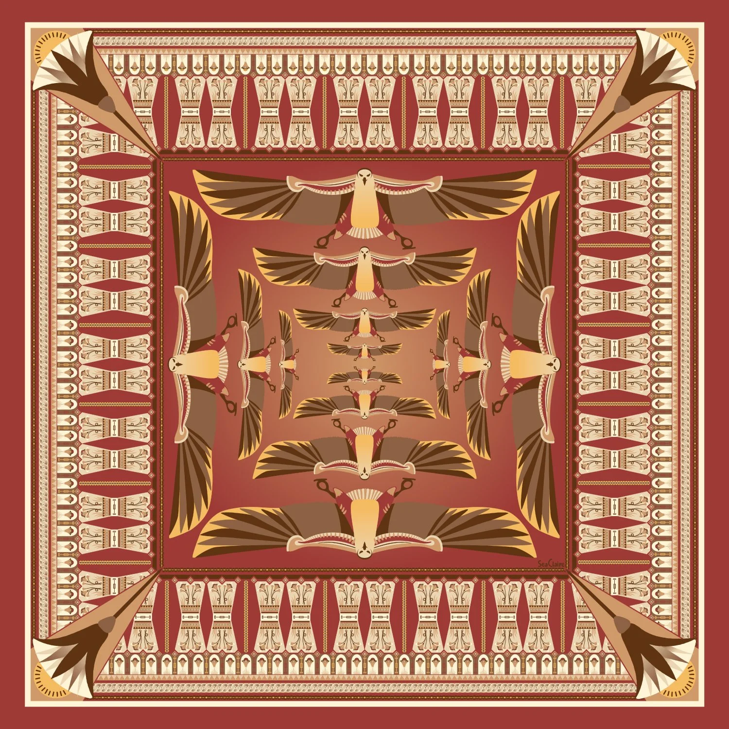 Hand-drawn symbolic textile pattern with stylized falcon motif and geometric structure, Cultural & Symbolic by SeaClaire Design