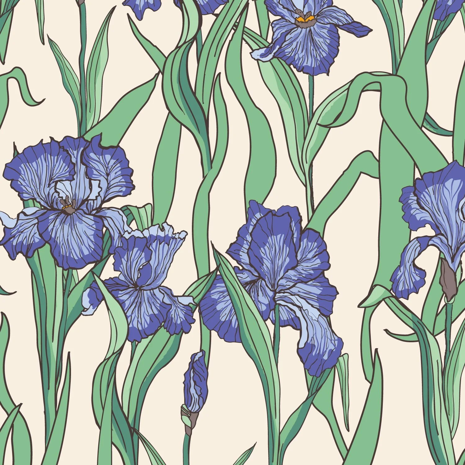Hand-drawn iris floral textile pattern with vertical layered stems, Southern Botanicals by SeaClaire Design
