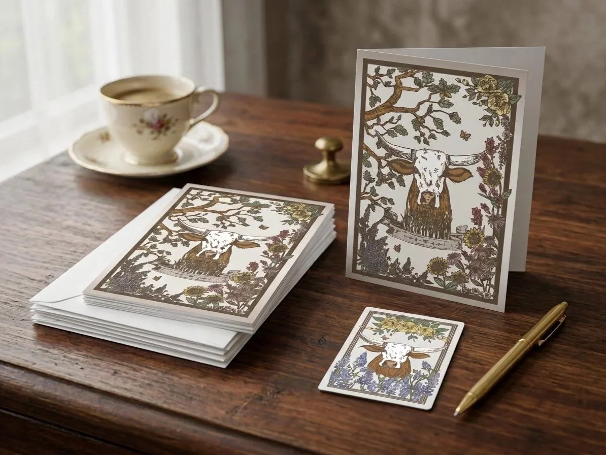Texas Lone Star Wilds fine art greeting cards and matching art magnet featuring original hand-drawn longhorn and wildflower illustration.
