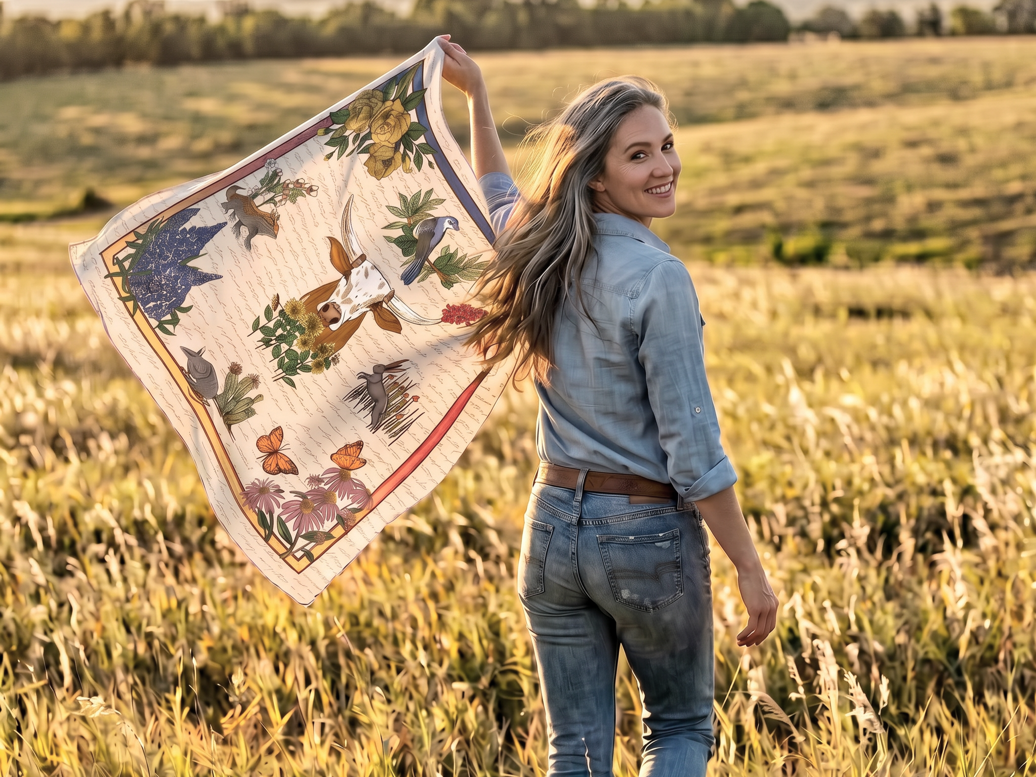 Woman holding a Texas Lone Star Wilds silk scarf outdoors, showcasing original hand-drawn Texas wildflower and longhorn artwork.