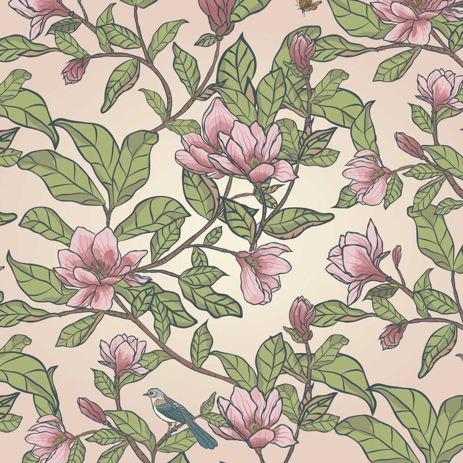 Hand-drawn magnolia floral textile pattern, Southern Botanicals by SeaClaire Design