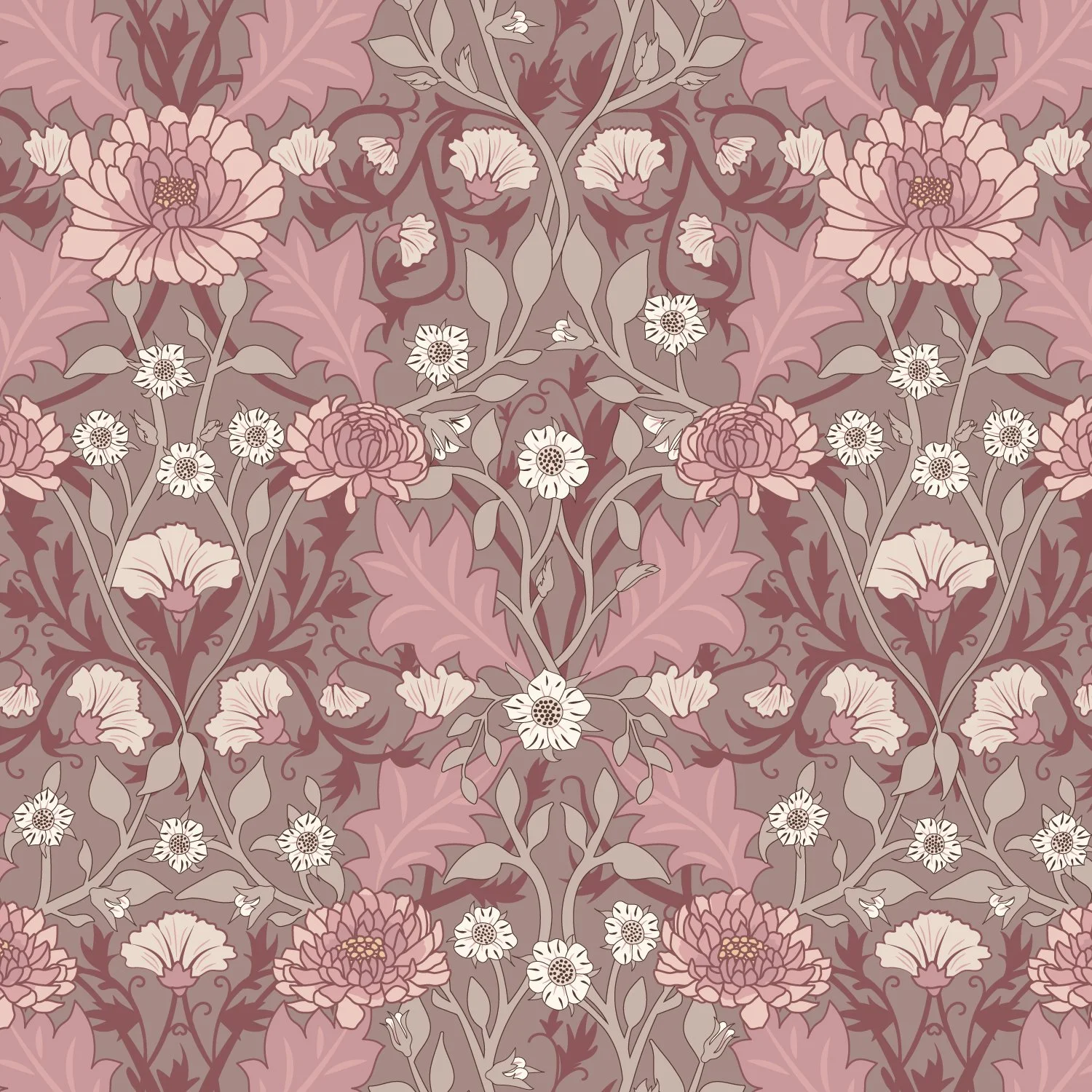 Hand-drawn peony floral textile pattern with decorative symmetry, European Heritage by SeaClaire Design