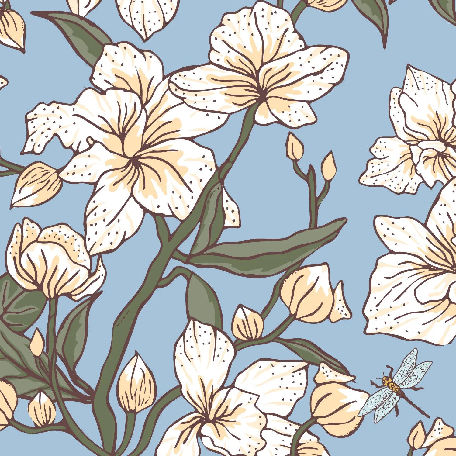 Hand-drawn white orchid floral on a light blue ground textile pattern with soft botanical forms, Southern Botanicals by SeaClaire Design