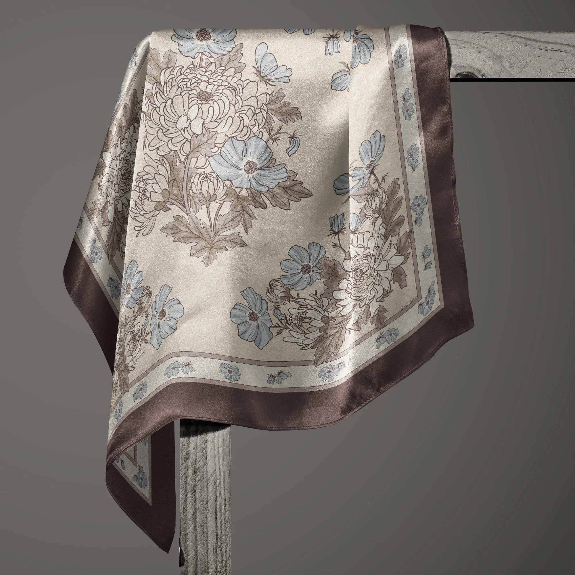 Hand-drawn chrysanthemum flower  textile pattern printed on silk fabric, by SeaClaire Design