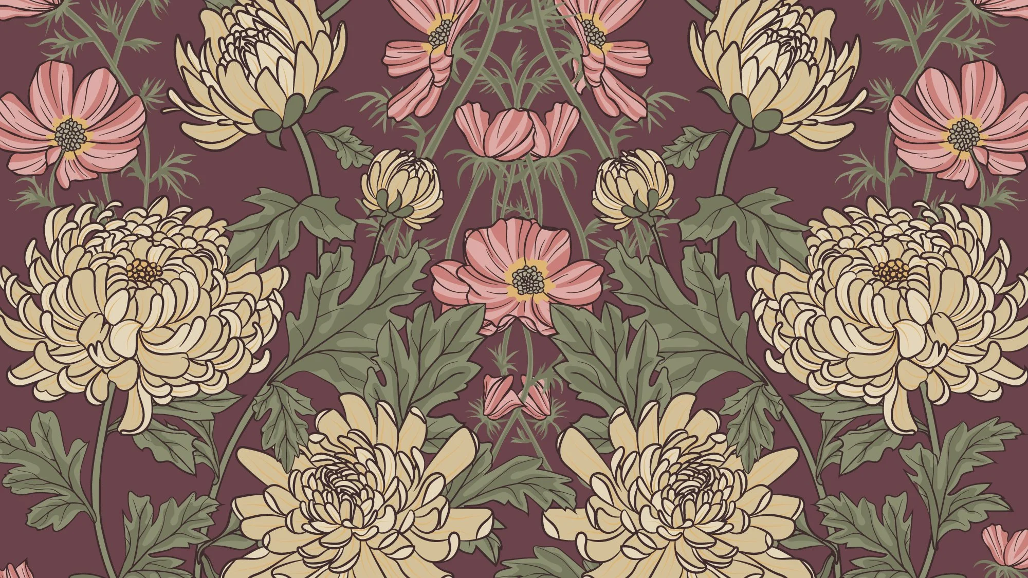 Hand drawn cream chrysanthemum flowers on a burgundy ground. European Heritage floral textile pattern by SeaClaire Design