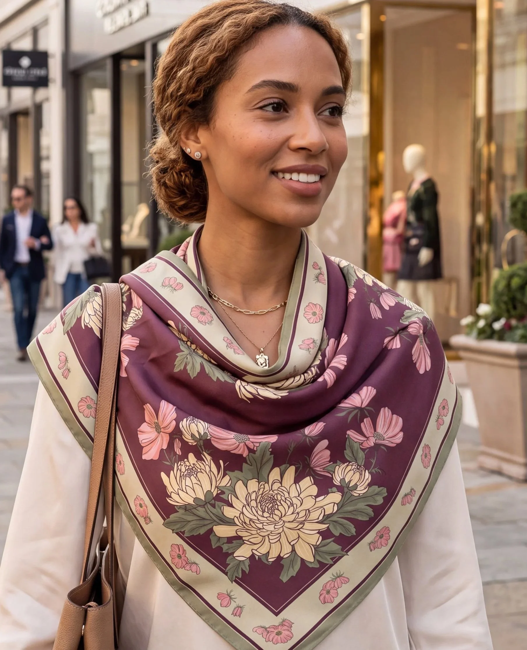 View Autumn Keepsake press materials featuring a woman wearing the Plum chrysanthemum and cosmos silk scarf.