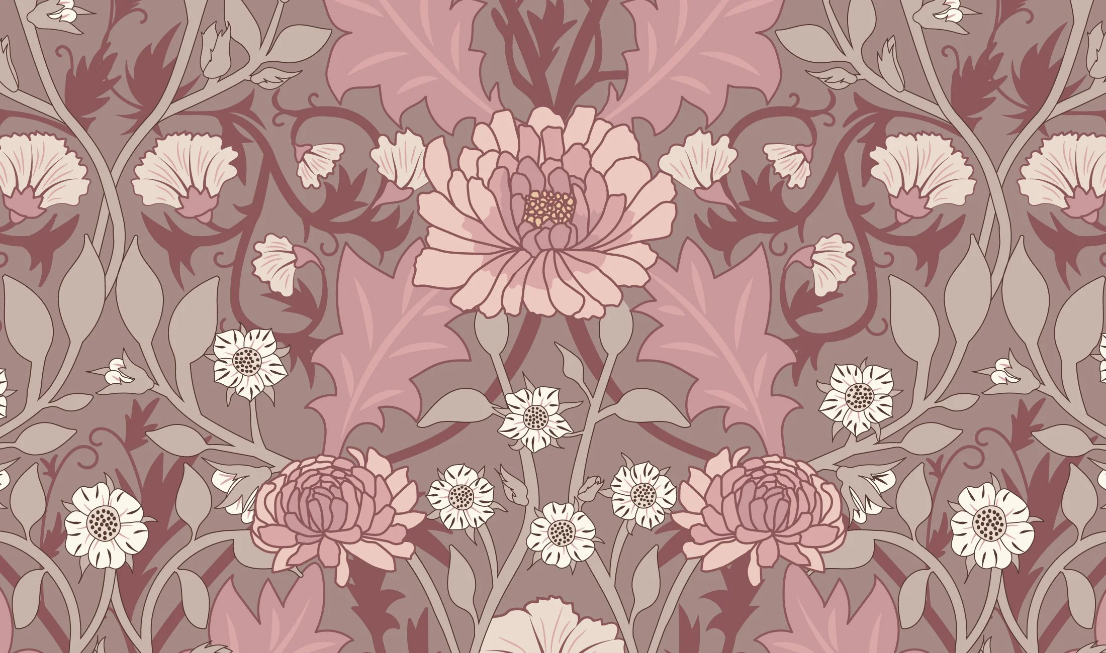 Hand-drawn blush pink peony floral textile pattern with ornamental symmetry, European Heritage by SeaClaire Design
