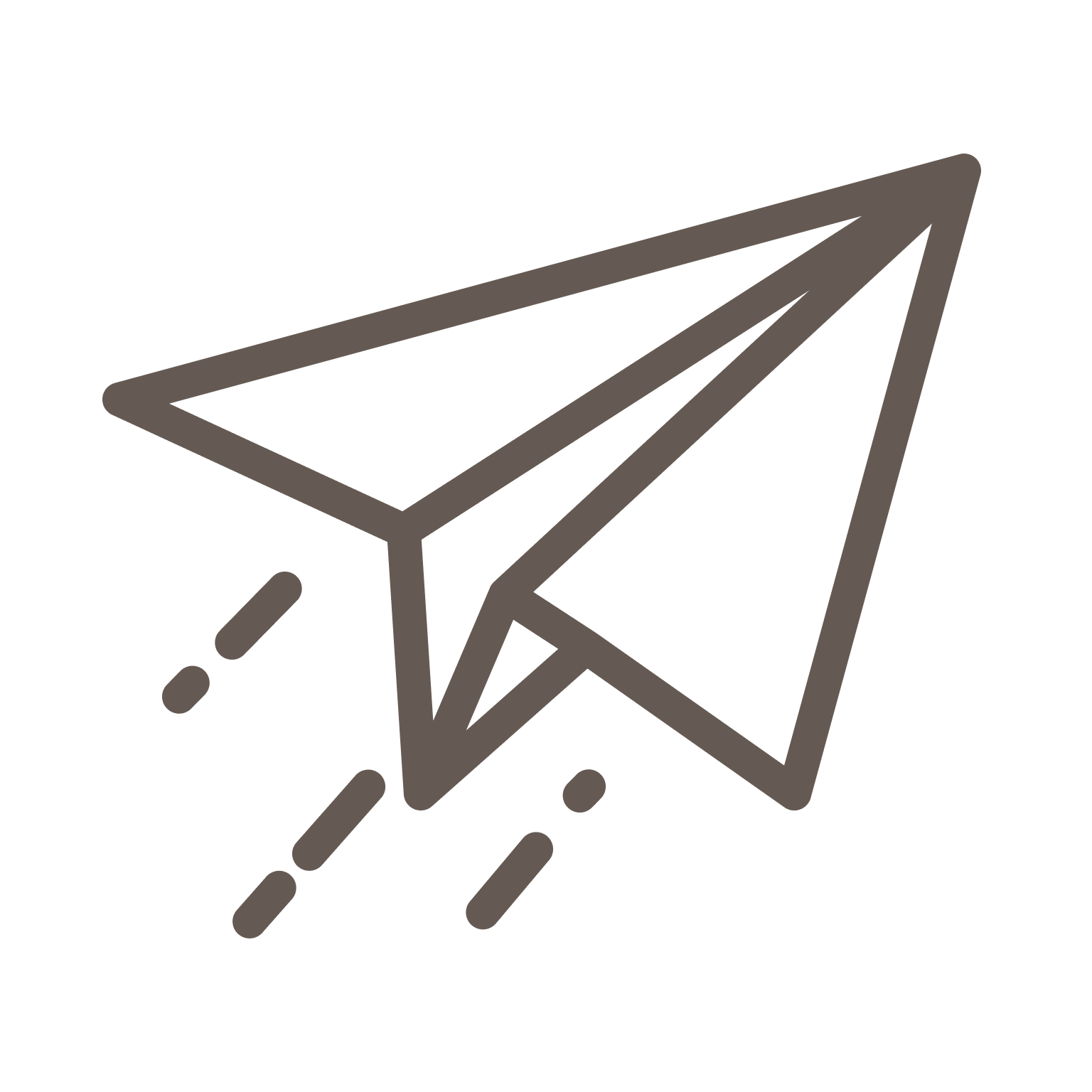 Minimalist line drawing of a paper airplane with dashed trails indicating motion.