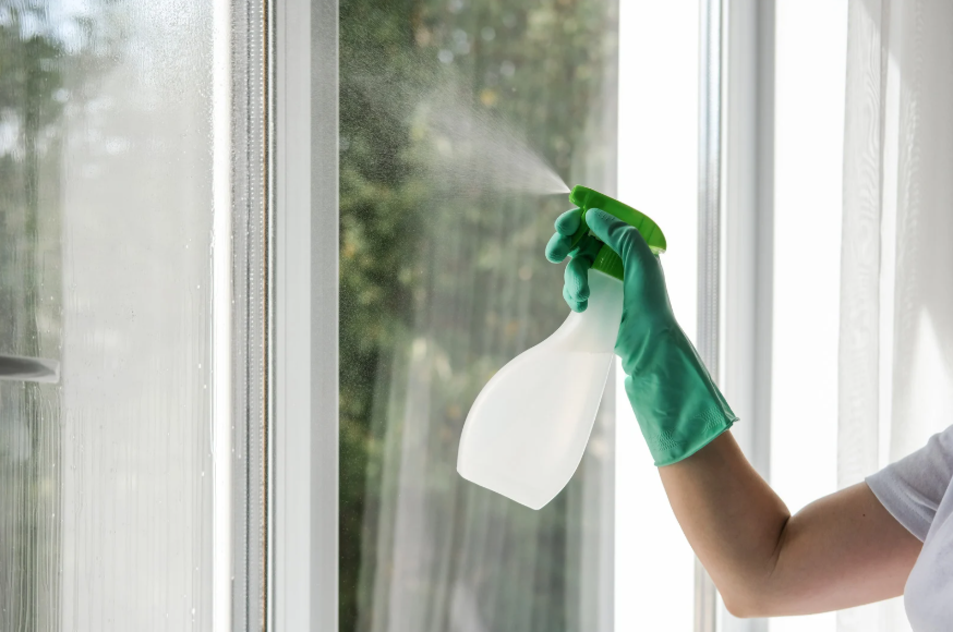 Gloved hand spraying cleaning solution on a window for streak-free glass cleaning and residential cleaning services.