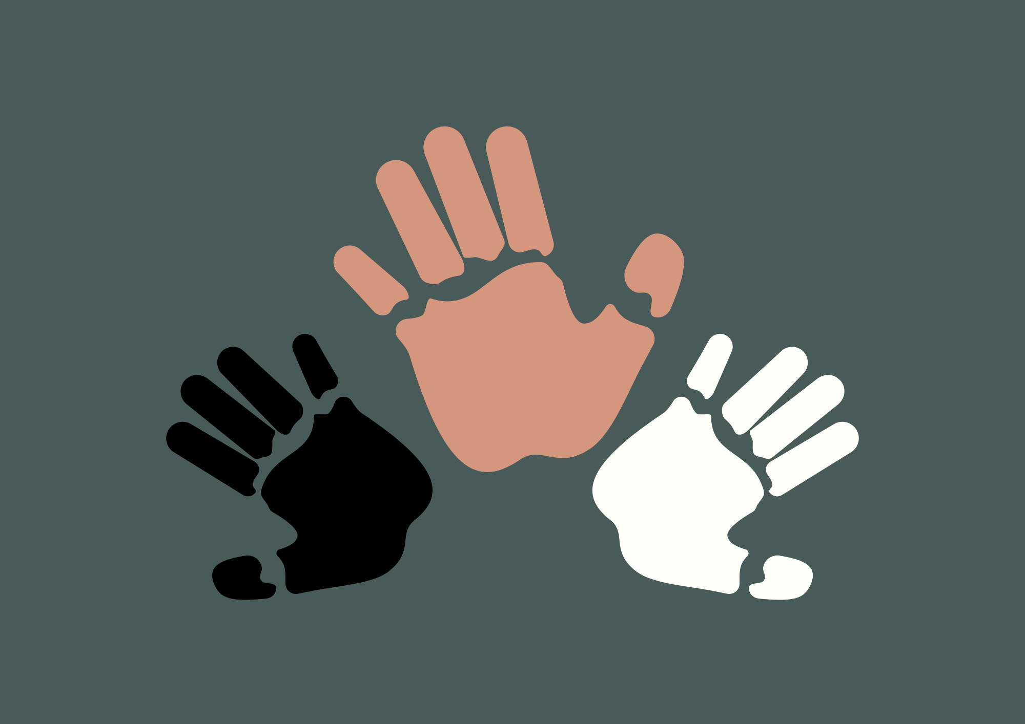 Three raised hands in different skin tones, symbolizing diversity and unity.