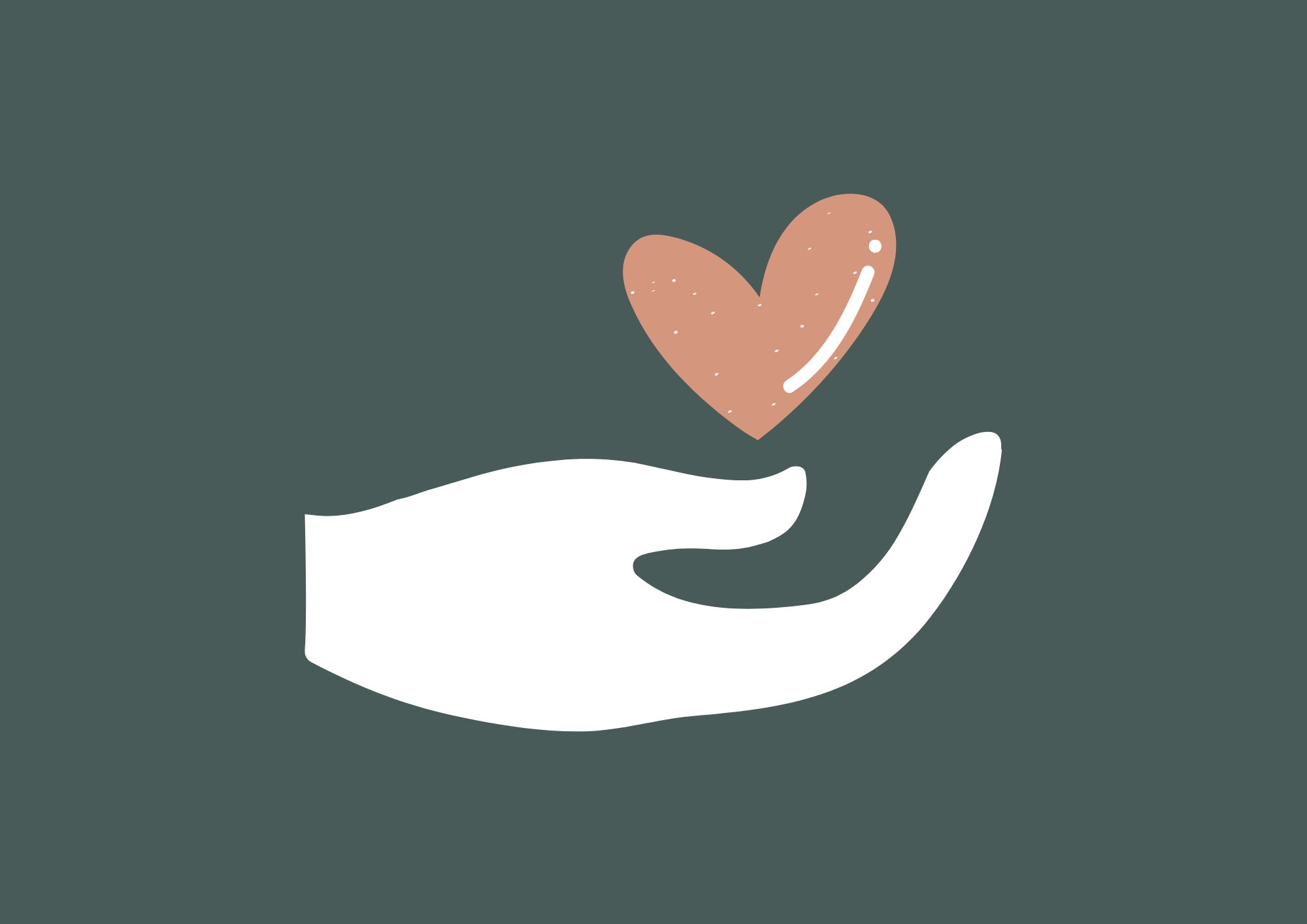 Illustration of a white hand with fingers curled, holding a pink heart with white highlight, set against a dark green background.