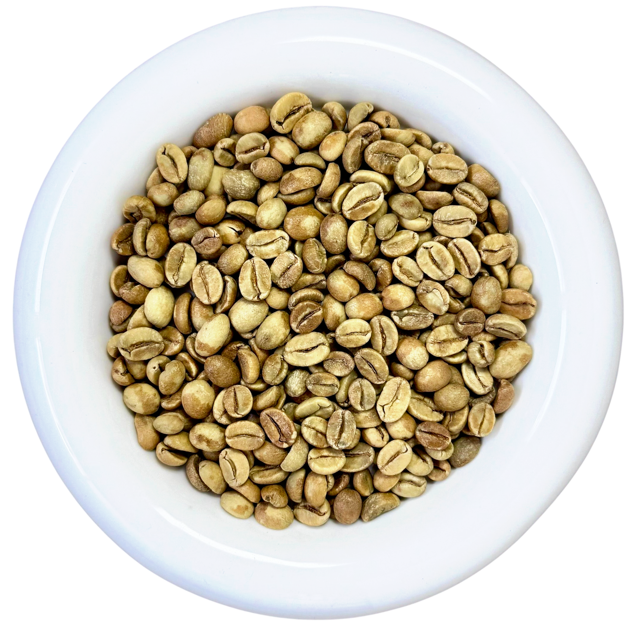 White bowl filled with premium Java Ijen Raung Arabica green coffee beans, Natural process, Grade 1 specialty coffee from Ijen East Java - Premium Indonesian Green Coffee Beans Exporter