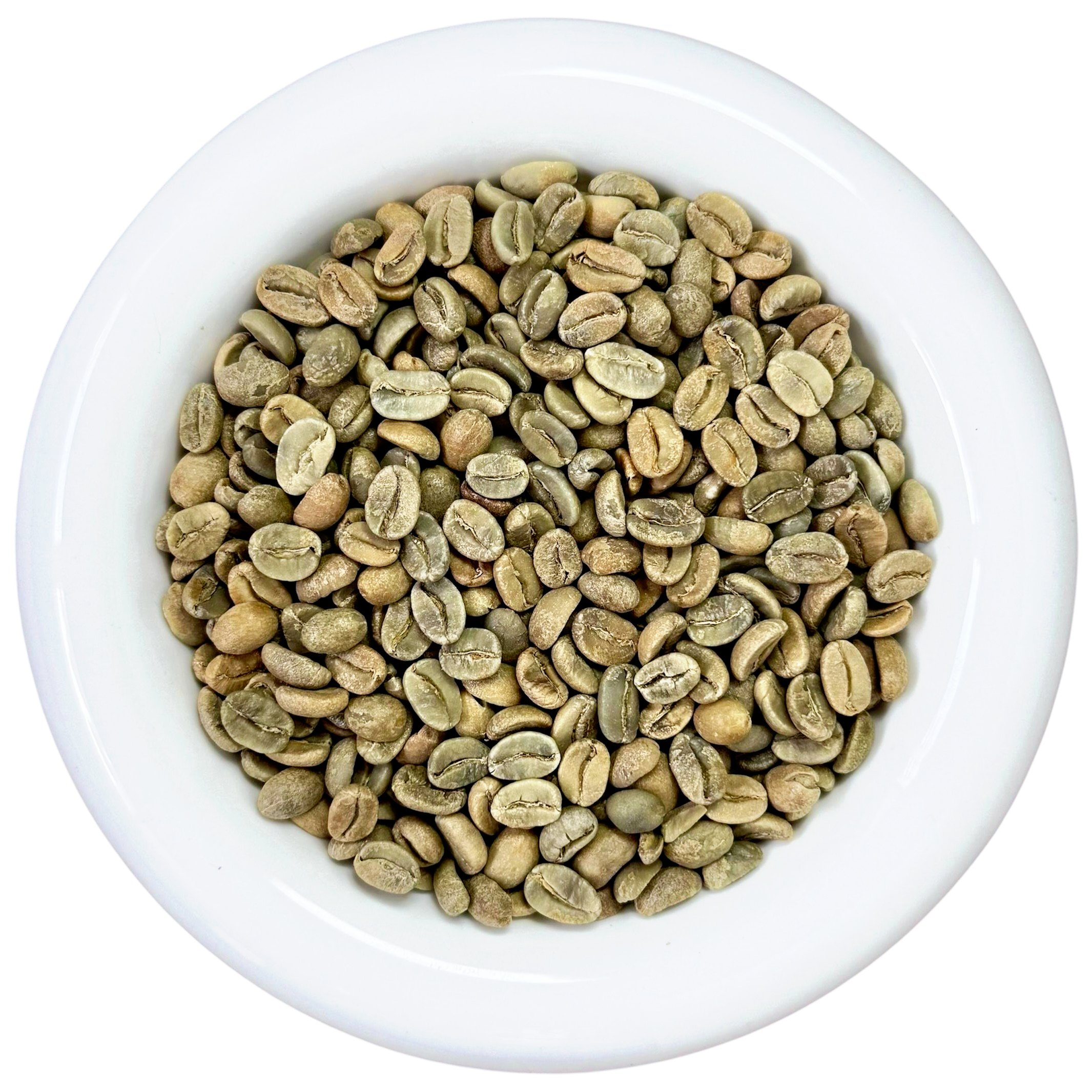White bowl filled with premium Flores Bajawa Arabica green coffee beans, Full wash process, Grade 1 specialty coffee from Bajawa Flores - Premium Indonesian Green Coffee Beans Exporter