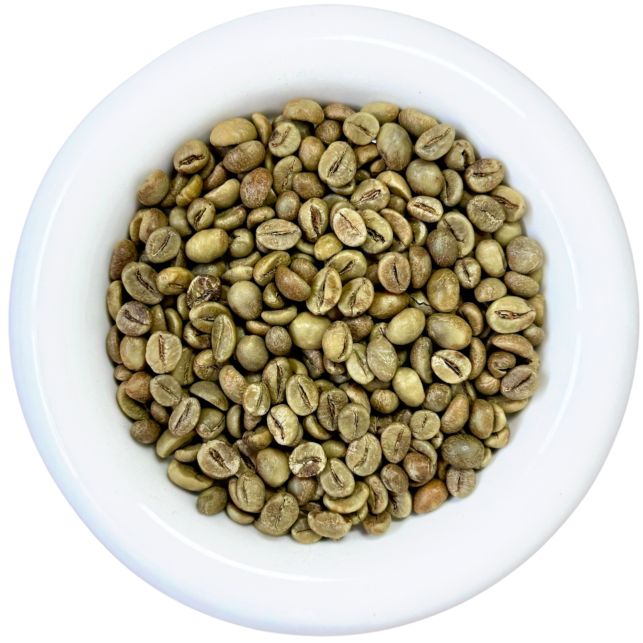 White bowl filled with premium Ijen Robusta green coffee beans, Natural process, Grade 1 specialty coffee from East Java - Premium Indonesian Green Coffee Beans Exporter