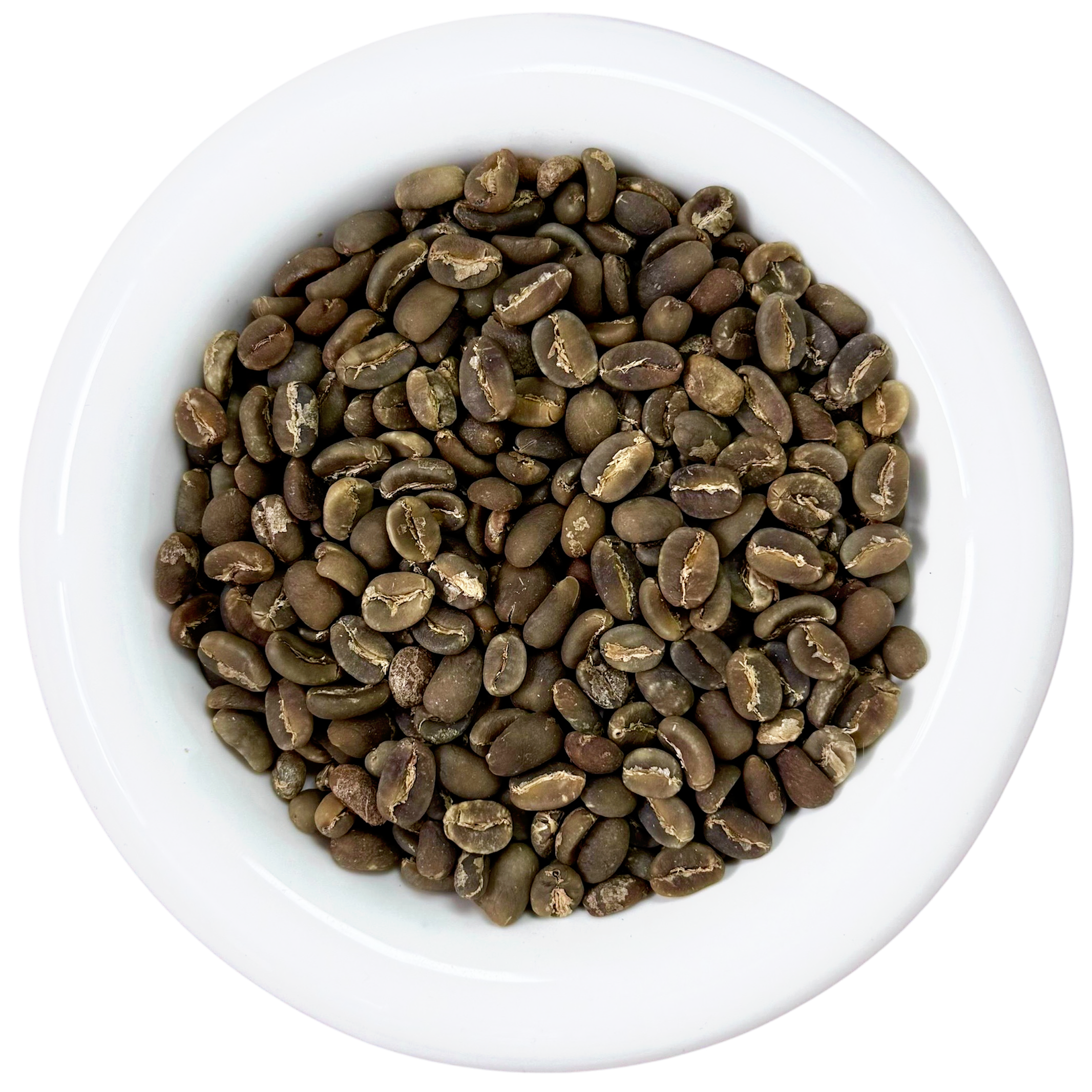 White bowl filled with premium Toraja Kalosi Arabica green coffee beans, Wet-hull process, Grade 1 specialty coffee from Tana Toraja South Sulawesi - Premium Indonesian Green Coffee Beans Exporter