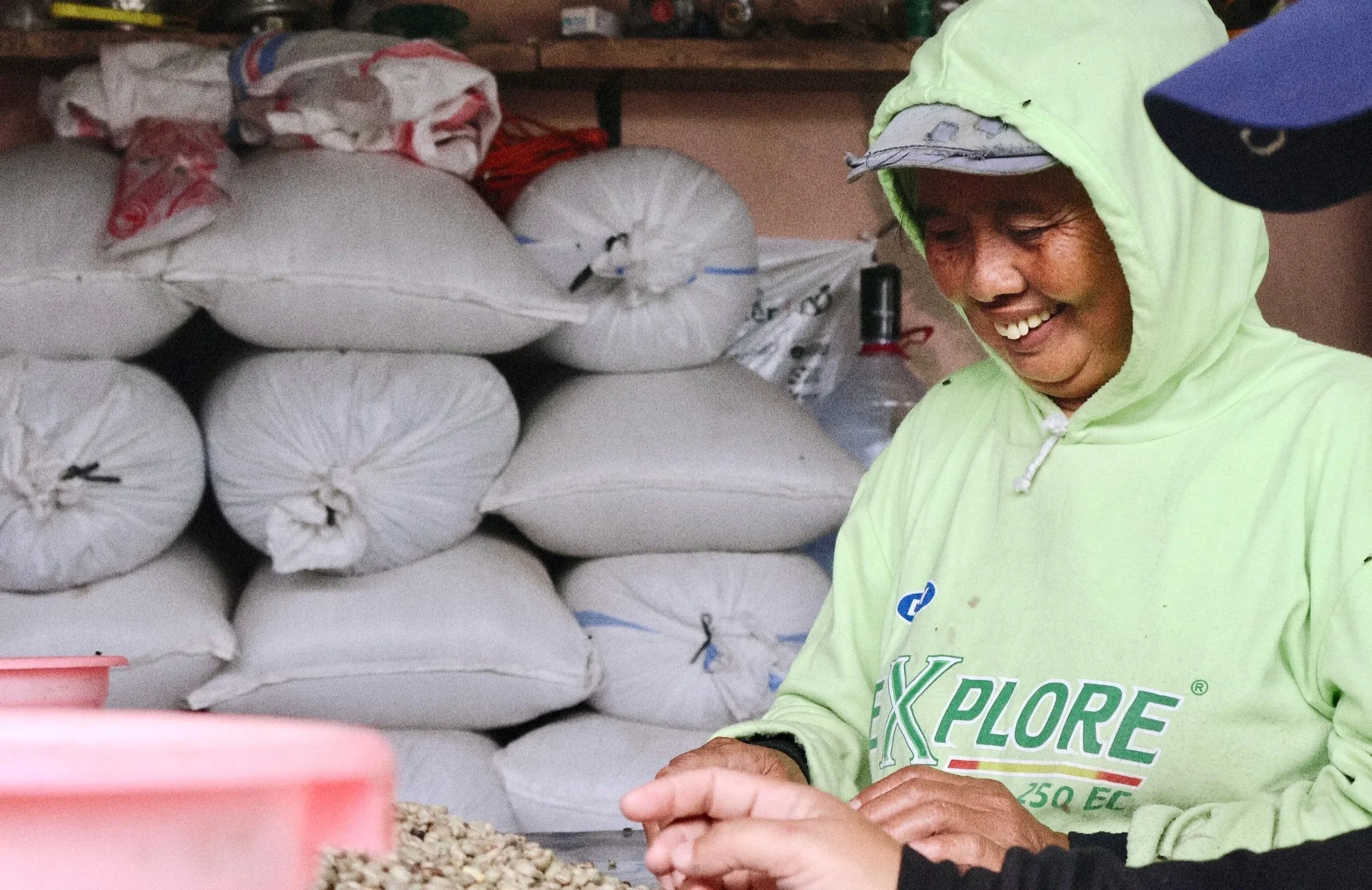 Smiling ibu hand sorting specialty green coffee beans in Bali - Premium Indonesian Green Coffee Beans Exporter