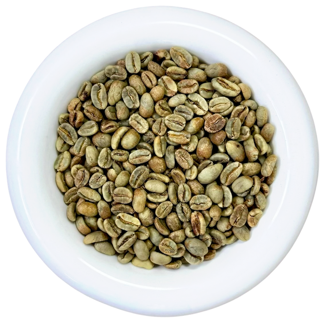 White bowl filled with premium Kintamani Arabica green coffee beans, Natural Anaerobic process, Grade 1 specialty coffee from Kintamani Bali - Premium Indonesian Green Coffee Beans Exporter