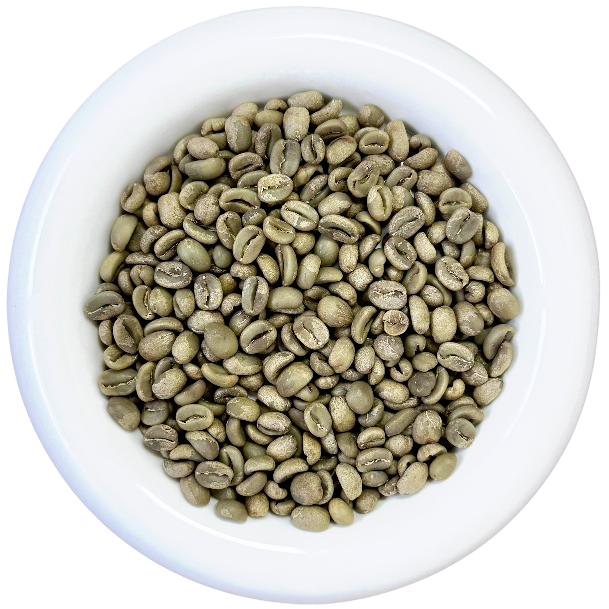 White bowl filled with premium Kintamani Arabica green coffee beans, Natural Anaerobic process, Grade 1 specialty coffee from Kintamani Bali - Premium Indonesian Green Coffee Beans Exporter