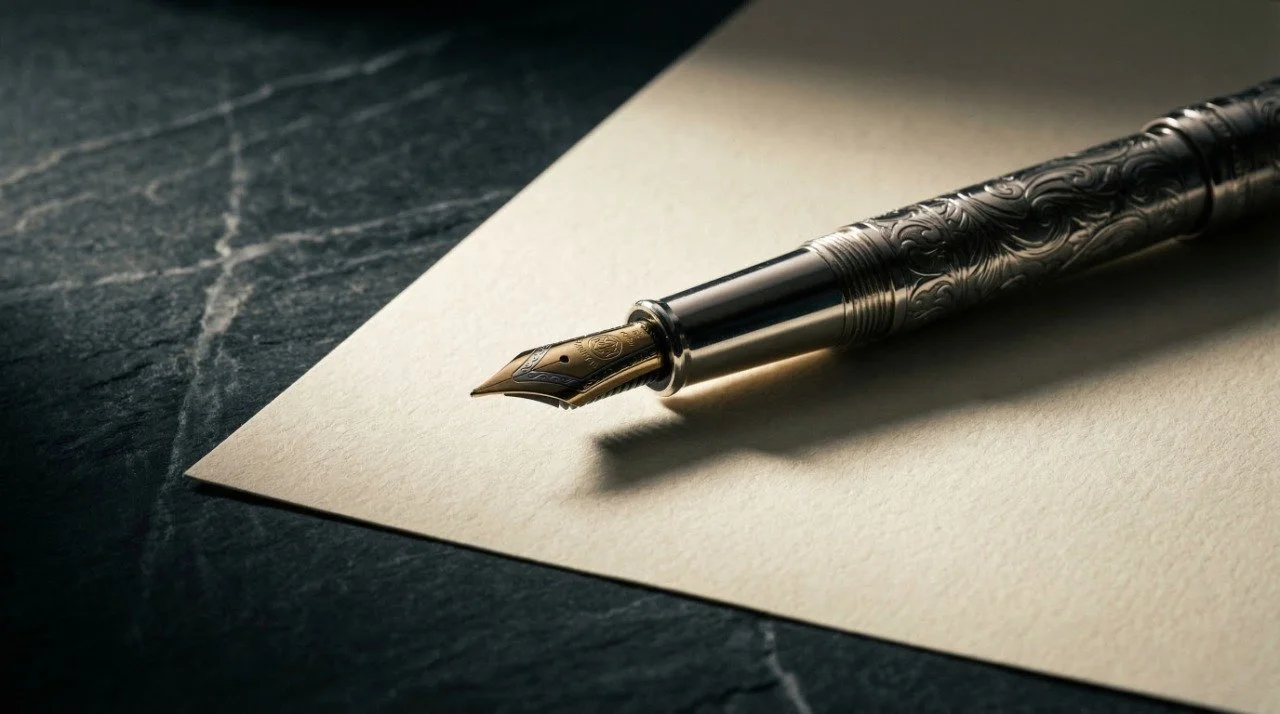 Ein eleganter Füllfederhalter liegt auf einem weißen Blatt Papier auf einer dunklen Tafel.