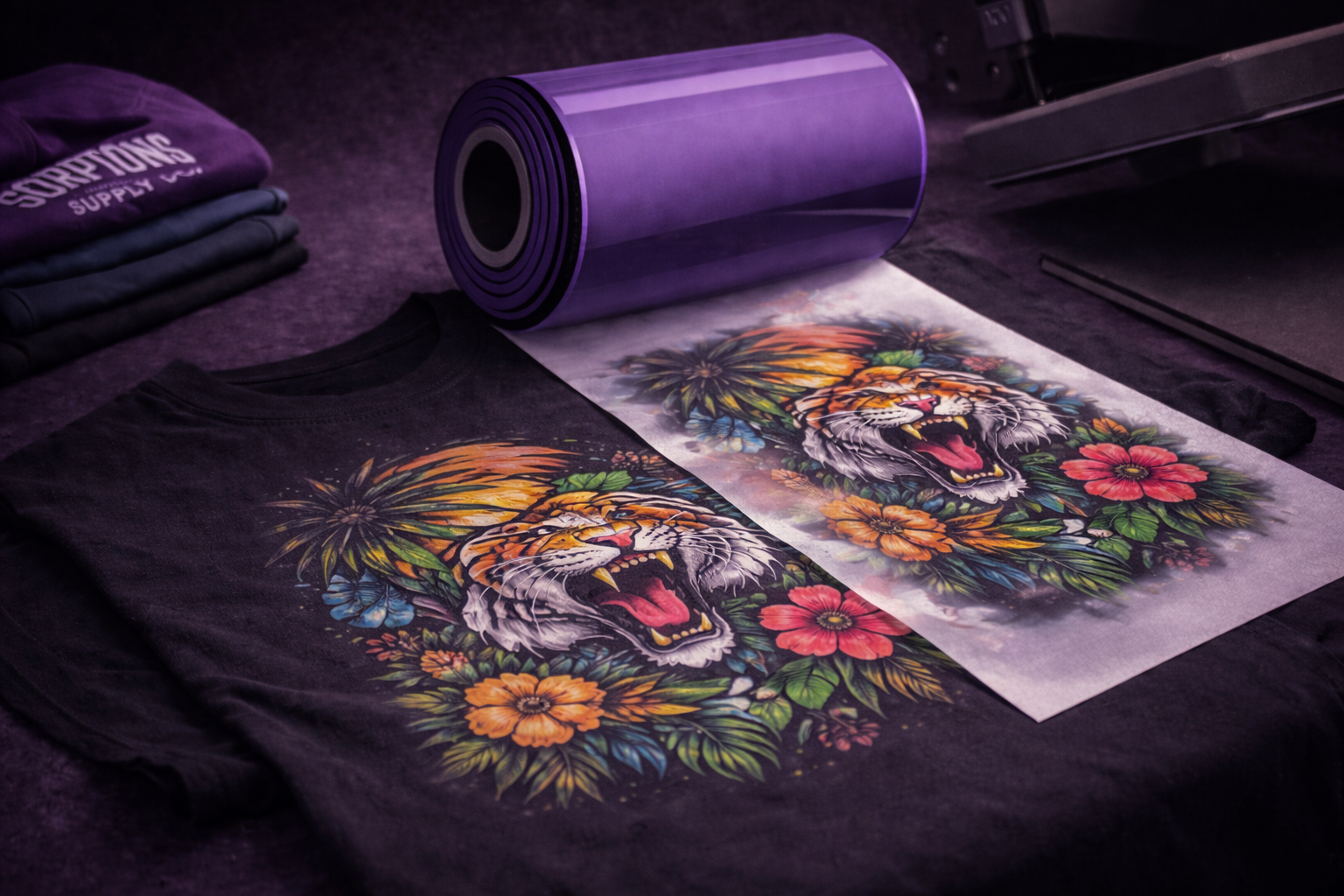 DTF transfer printing on custom t-shirt with vibrant design, high quality heat transfer for apparel.