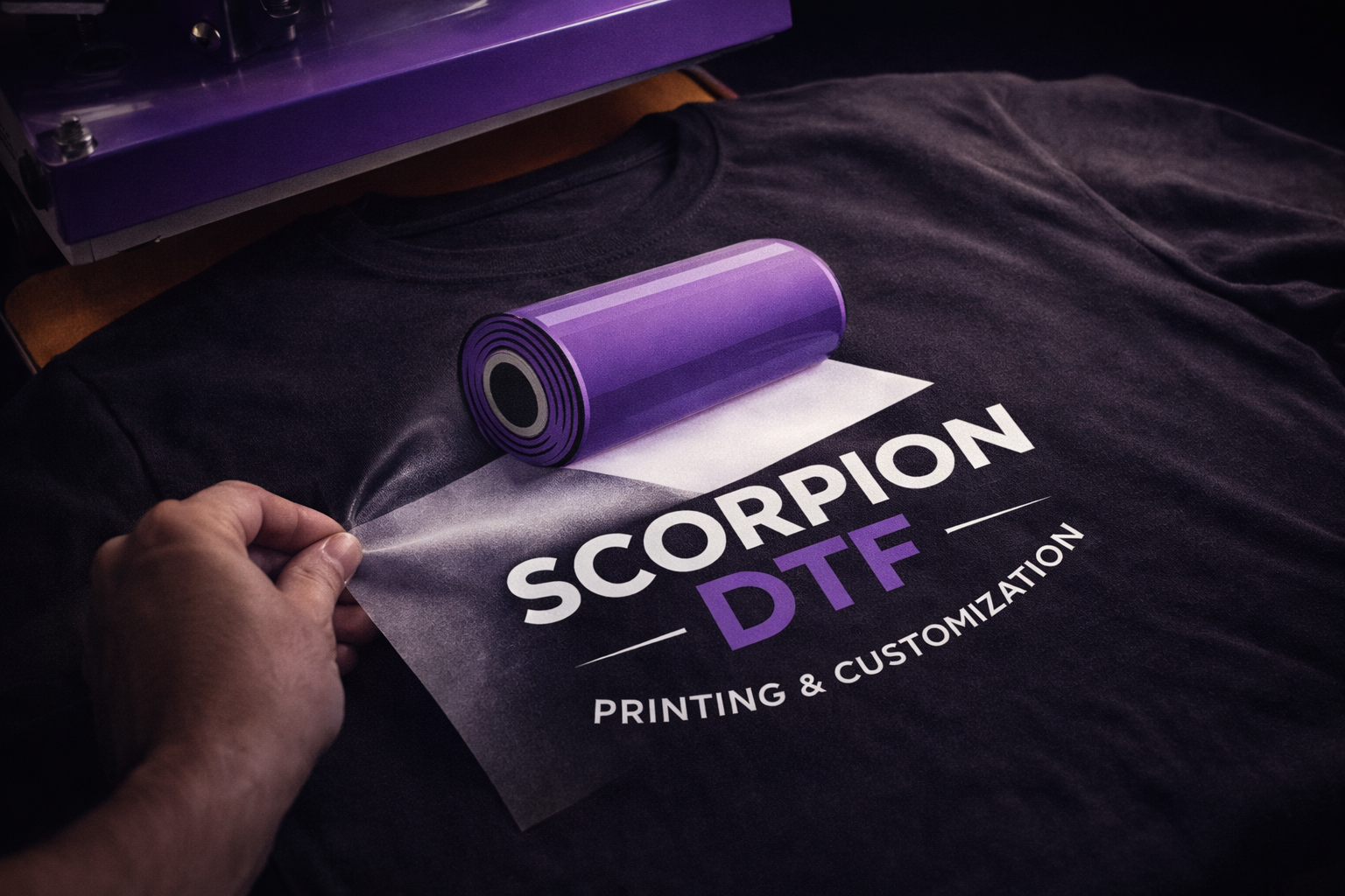 DTF printing process on custom t-shirt using heat transfer film for durable and vibrant designs.