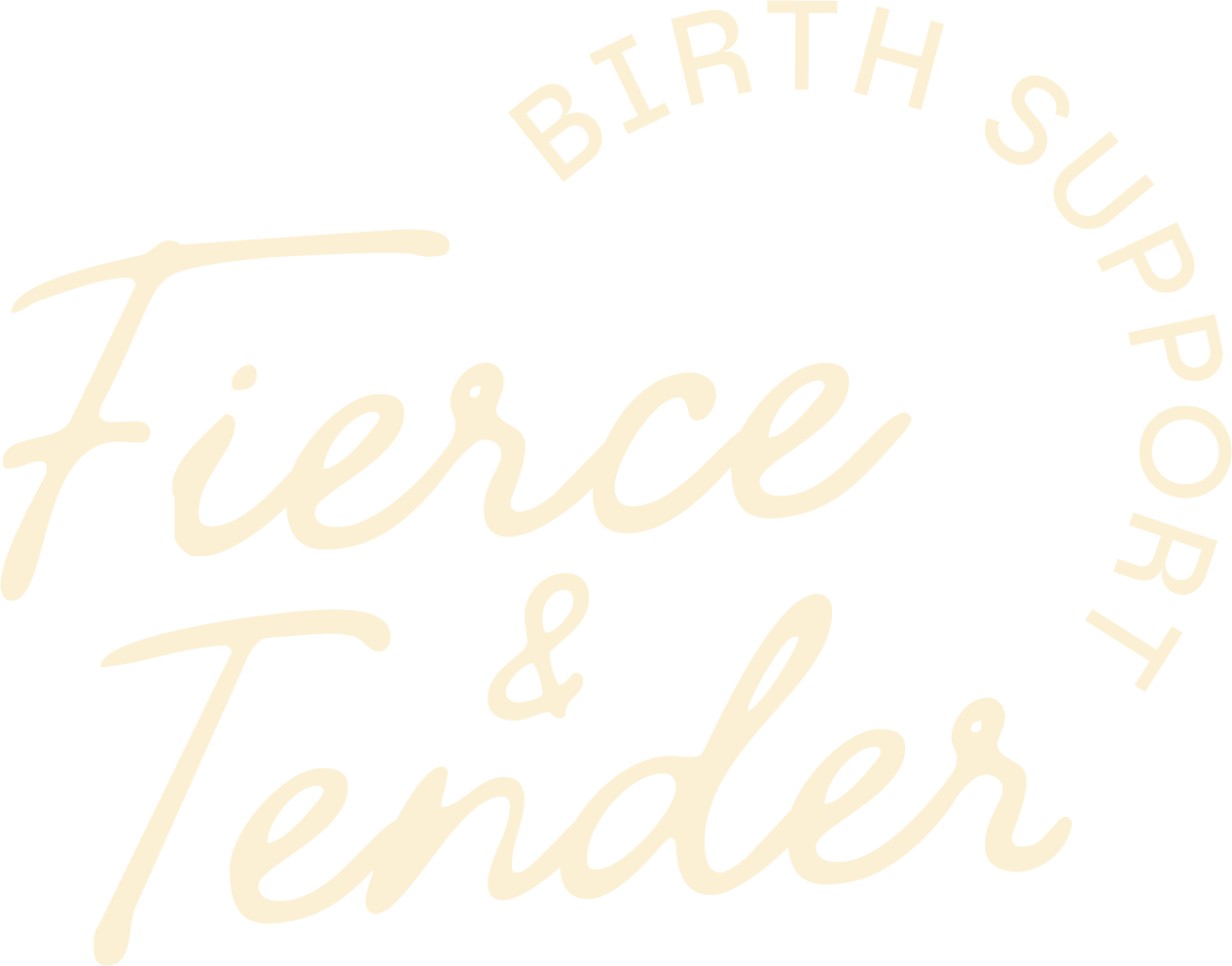 Text that reads 'Fierce & Tender' with a circular text around it that says 'BIRTH SUPPPORT' in cream-colored font on a blank background.