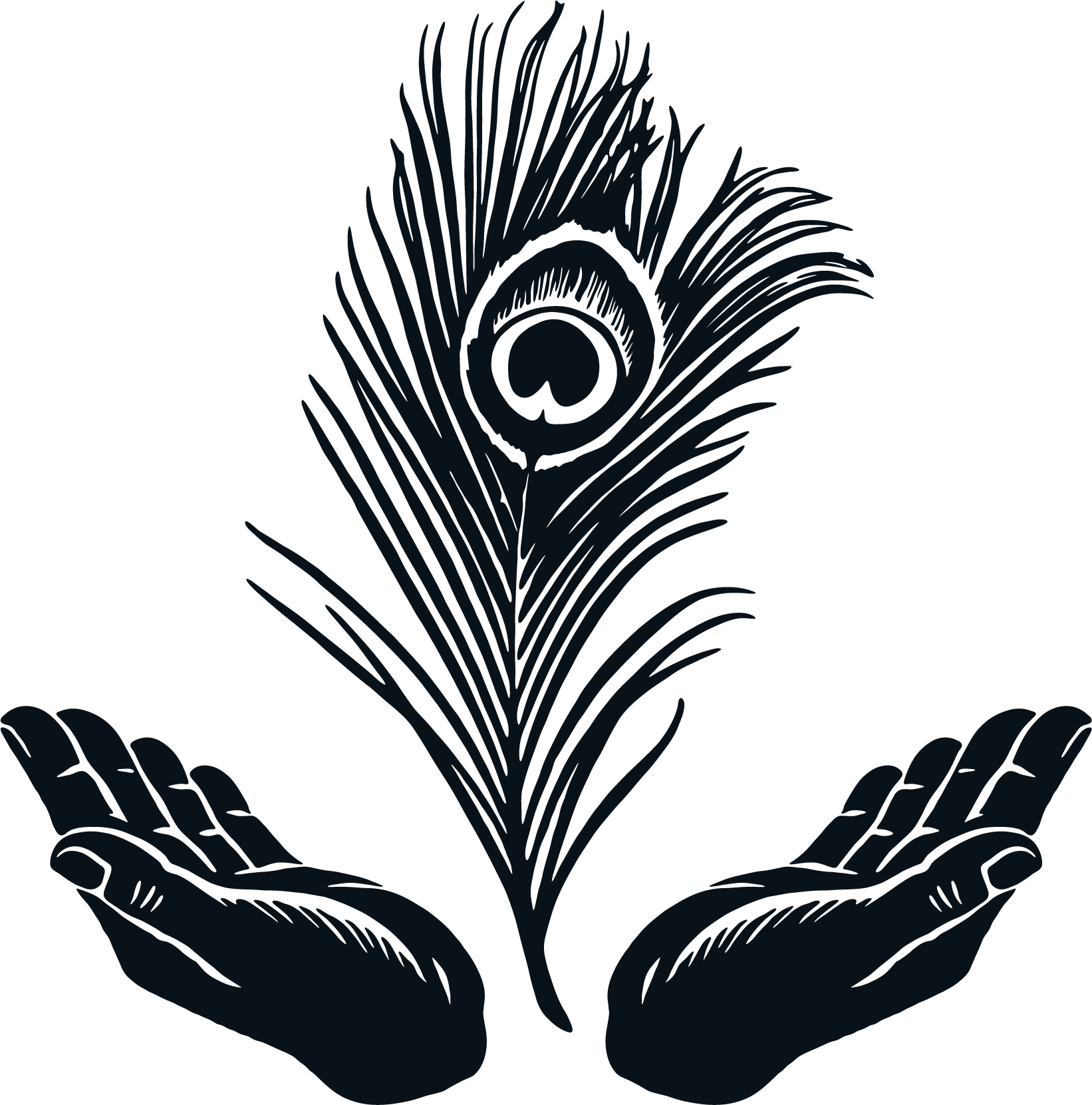 Illustration of two open hands cradling a floating peacock feather