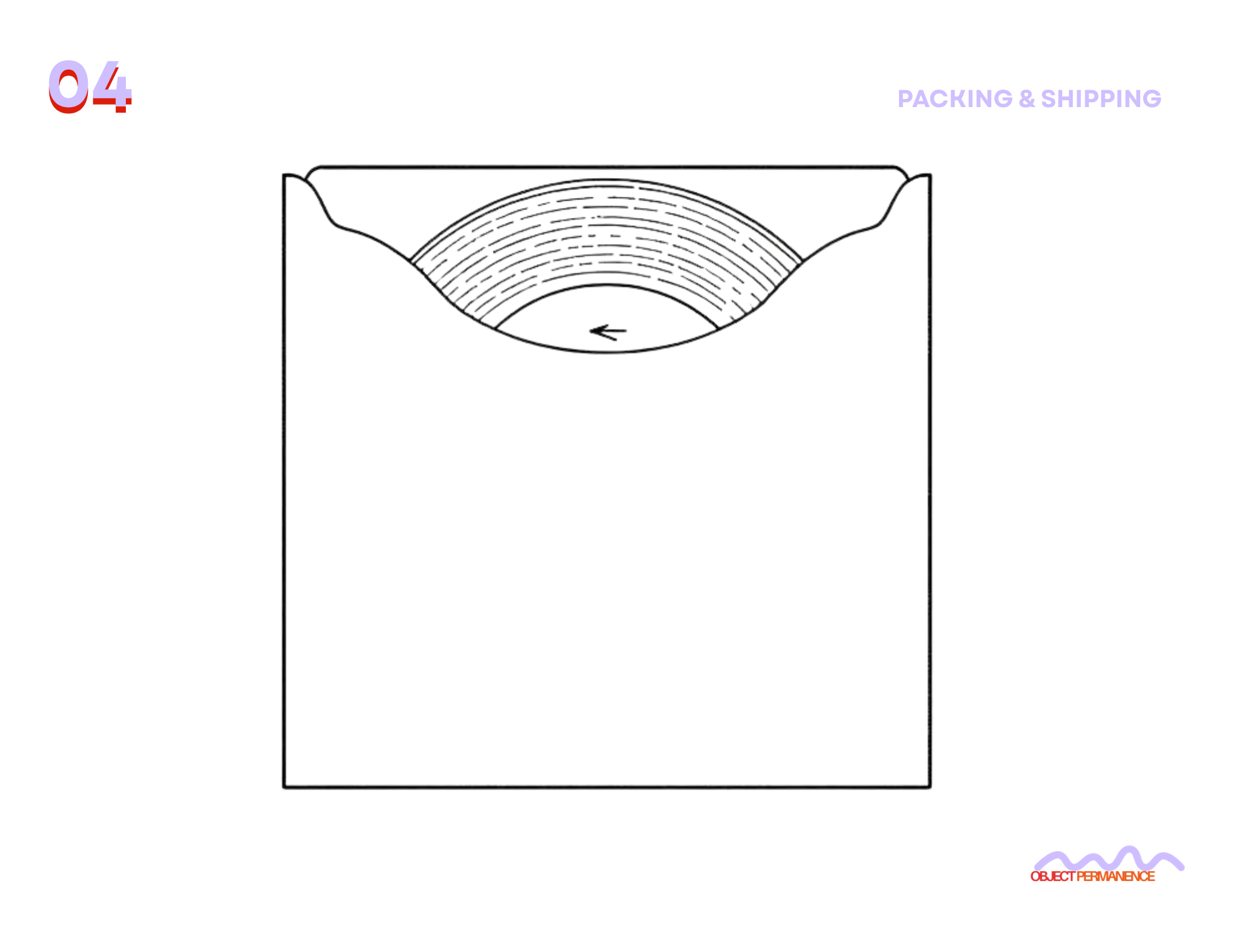 Diagram of a vinyl record being inserted into packaging, with an arrow indicating the direction for insertion, titled 'Packing & Shipping' in the top right corner.