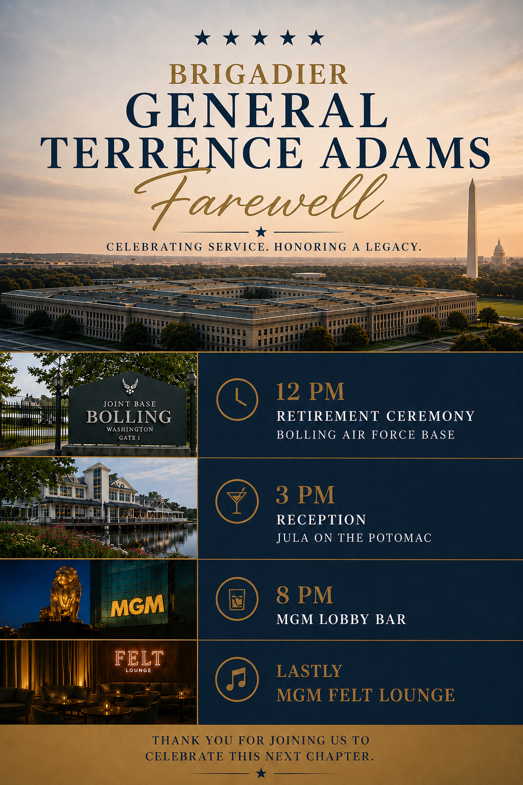 Event invitation poster with images of Capitol building, Bolling Air Force Base gate, waterfront restaurant, MGM lobby, and lounge interior. Text announces a farewell for Brigadier General Terrence Adams, with schedule details: retirement ceremony at 12 PM, reception at 3 PM, MGM lobby bar at 8 PM, and MGM Felt Lounge later. The background features a sunset sky.