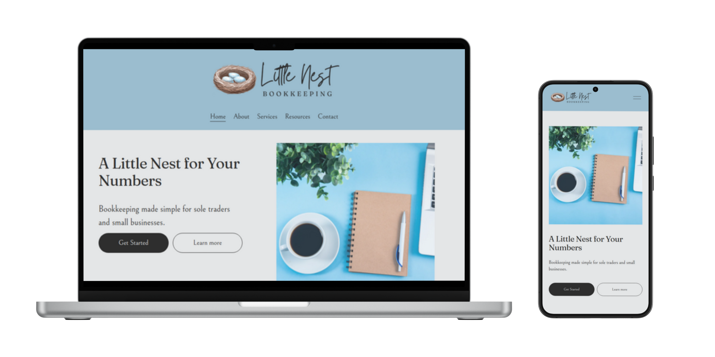 Laptop and smartphone displaying Little Nest Bookkeeping website.