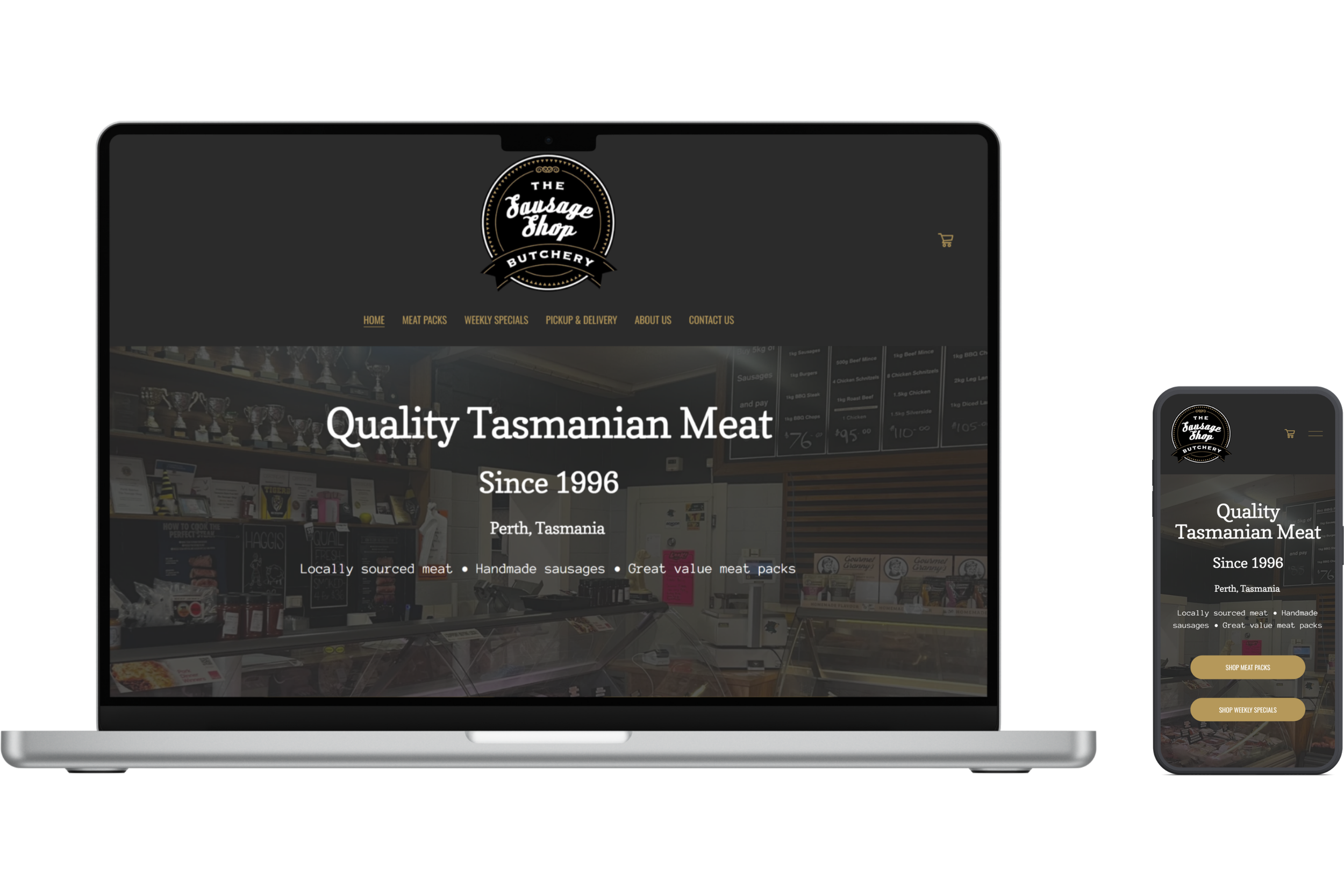 The Sausage Shop website homepage displayed on laptop and mobile