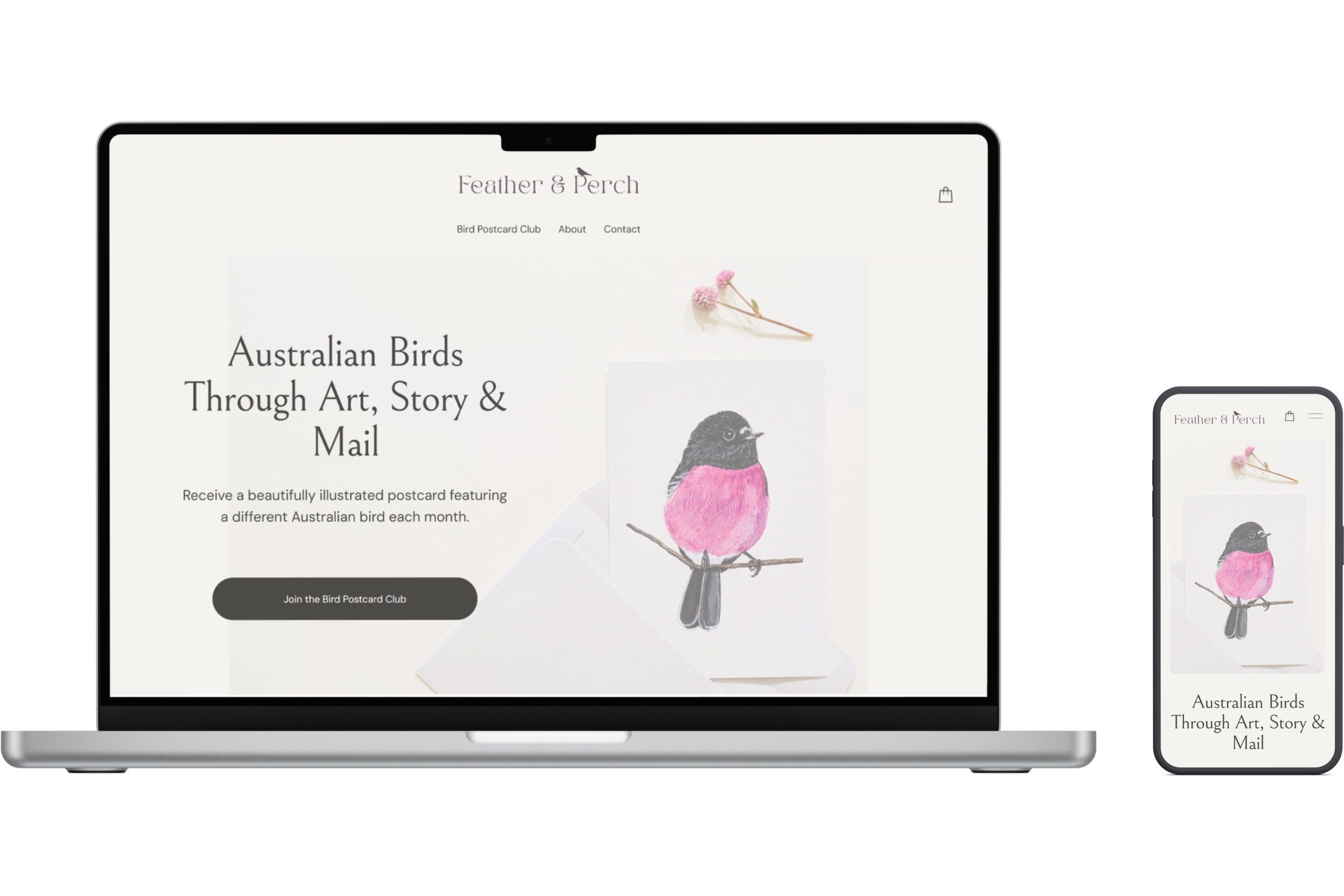Feather & Perch e-commerce website homepage displayed on laptop and mobile