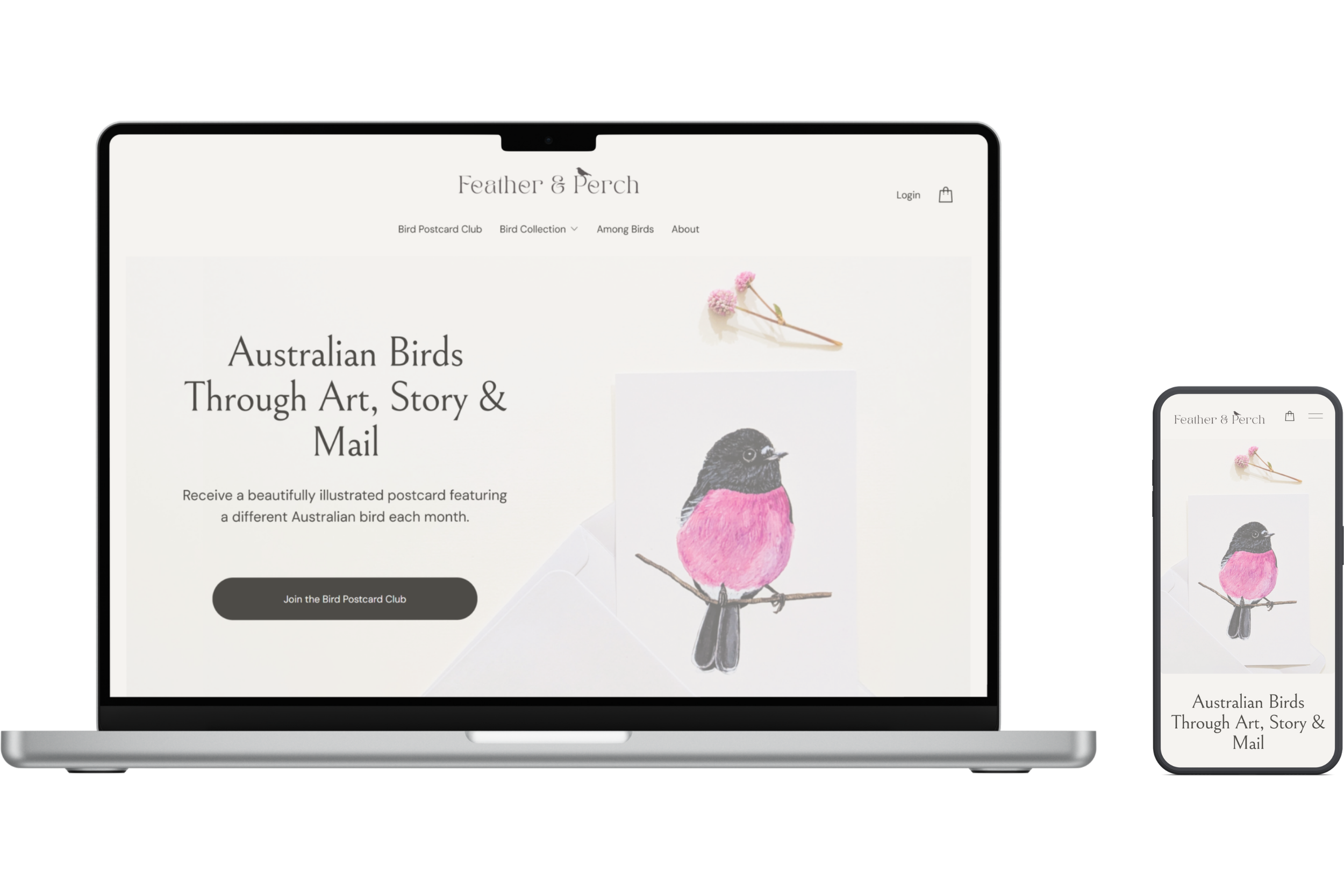 Feather & Perch e-commerce website homepage displayed on laptop and mobile
