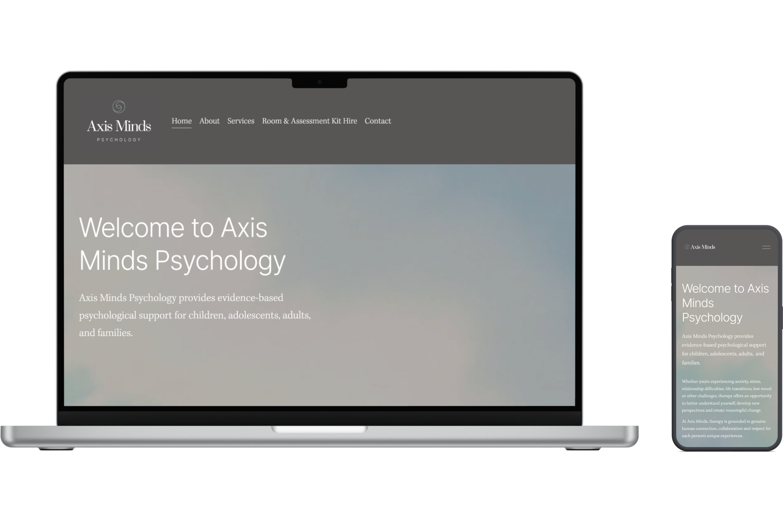 Axis Minds Psychology website homepage displayed on laptop and mobile