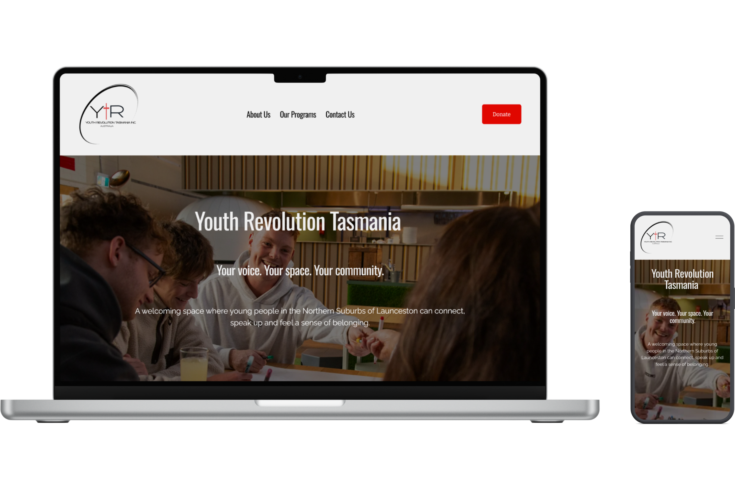Youth Revolution Tasmania community website homepage displayed on laptop and mobile devices