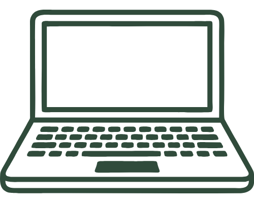 Outline illustration of a laptop computer with an open screen and visible keyboard.