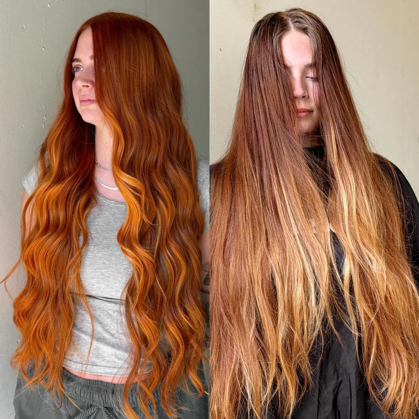 SIDE BY SIDE 🔥 showing off the power of @dangerjonesbalayage new EPILOGUE color line (plus @hannahswaffordd&rsquo;s all natural 26 inch hair&hellip;.unbelievable ikr?) 

FORMULA BREAKDOWN 
&bull; 8.34 +7.46 &amp; 20 vol on roots 
&bull; 8.46+ 9:34 &