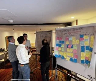 Group of five people in a meeting room looking at large boards filled with colorful sticky notes and papers.