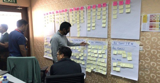 People working on a wall covered with sticky notes and papers during a collaborative session or workshop.