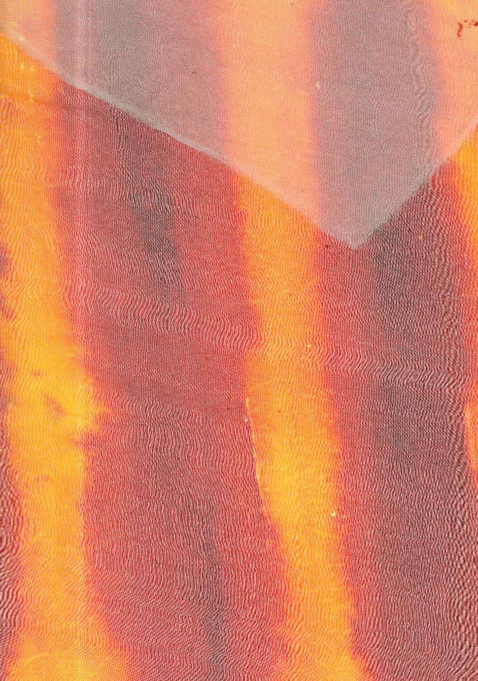 Procion dyes hand painted on screen, set with algae on silk organza