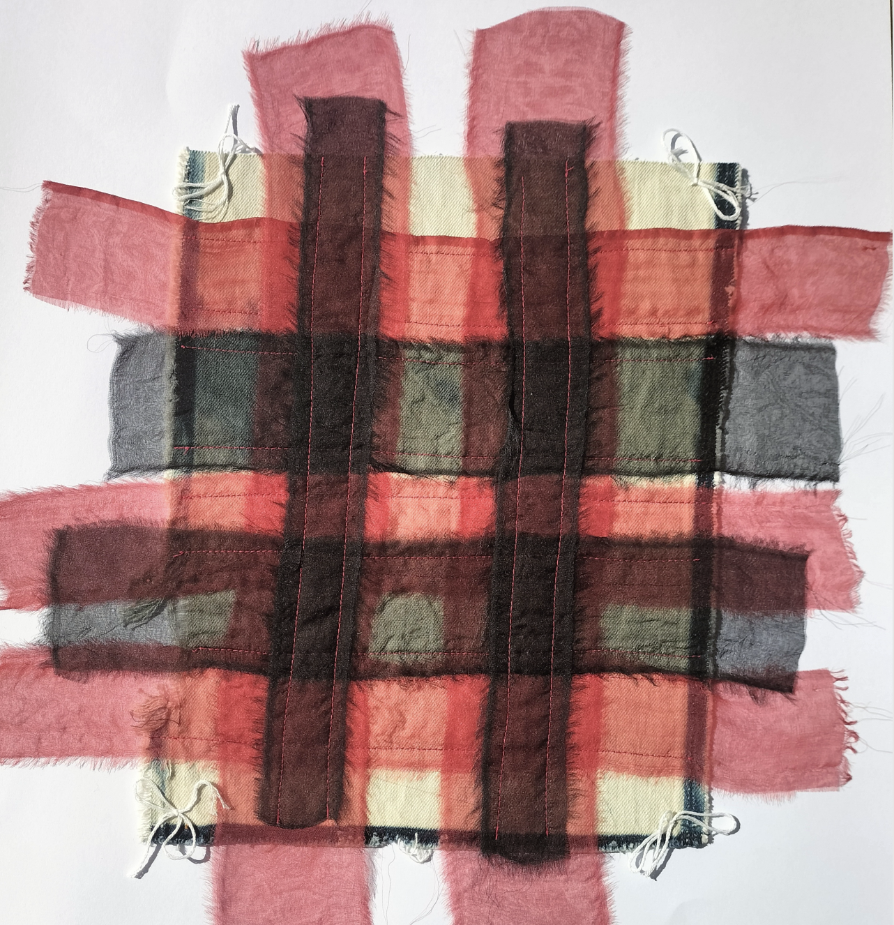 Procion dyed silk organza woven on bleached denim (second-hand jeans)