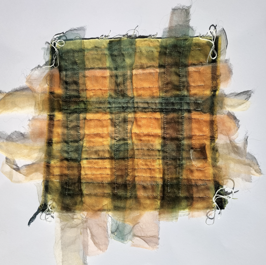 Heat sublimated polyester organza layered and woven on bleached denim over-dyed with turmeric (secondhand denim jeans)