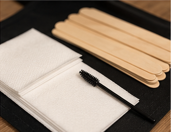 Waxing pad set up, wax sticks, spoolies, cotton pads