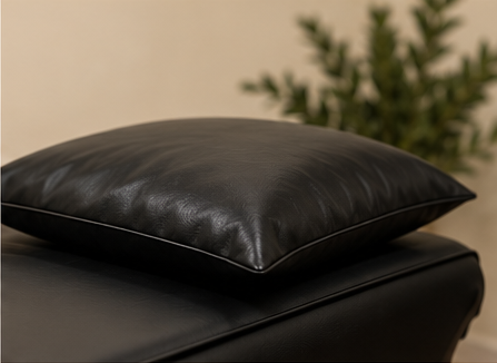Black leather pillow on a black leather surface with a blurred green plant in the background.