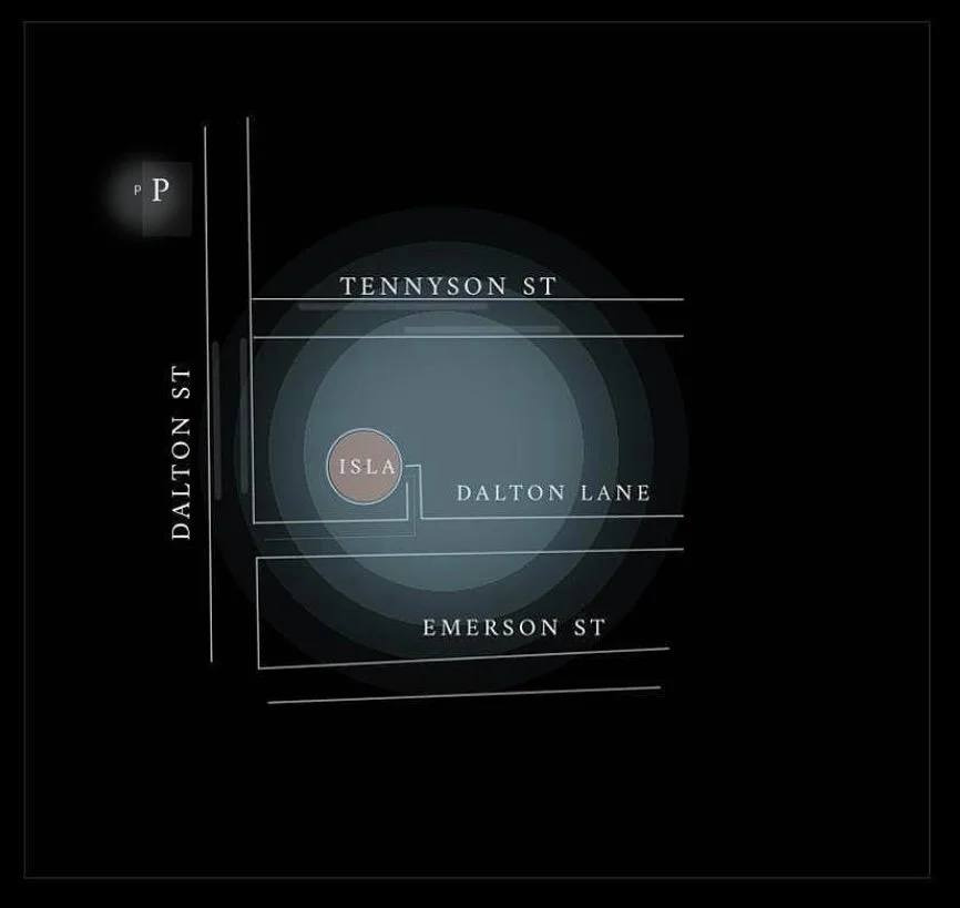 Map showing the layout of Tennyson Street, Dalton Lane, Emerson Street, and Dalston Street, with a shaded circle indicating the intersection point near a location called Isla.