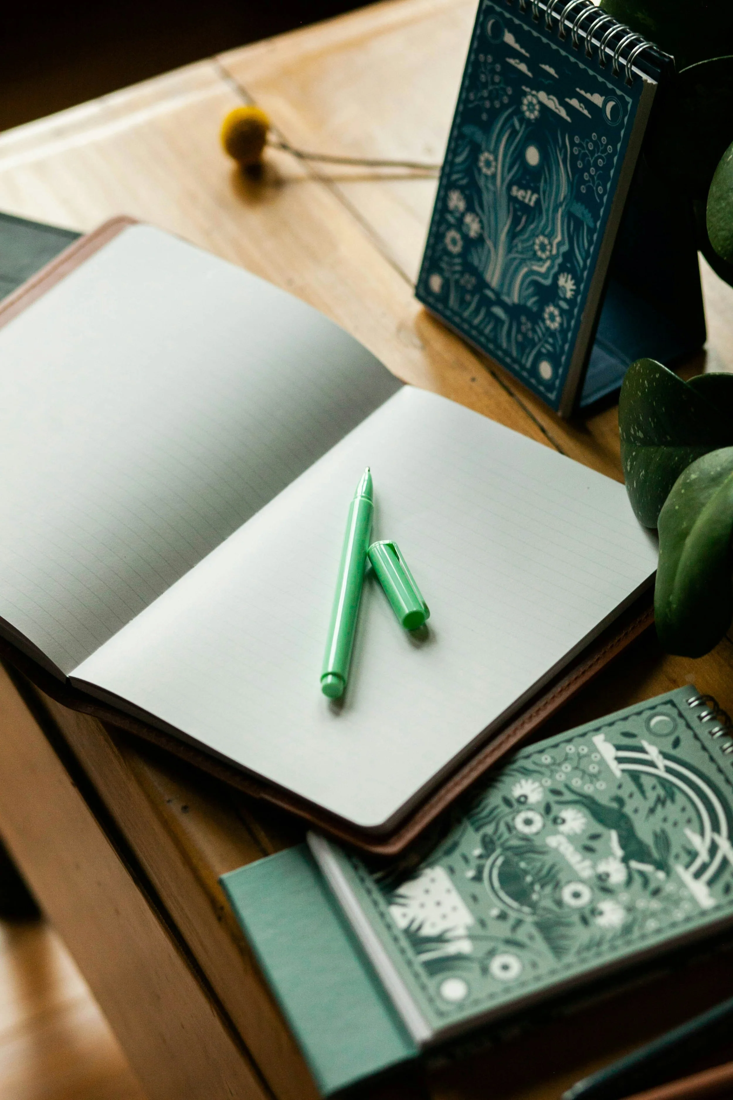 Open notebook with green pens, surrounded by patterned calendars and a green plant on a wooden desk.